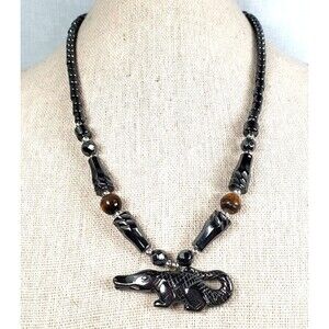 Carved Hematite & Tigers Eye Gator Pendant 17" Necklace Artisan 1980s
